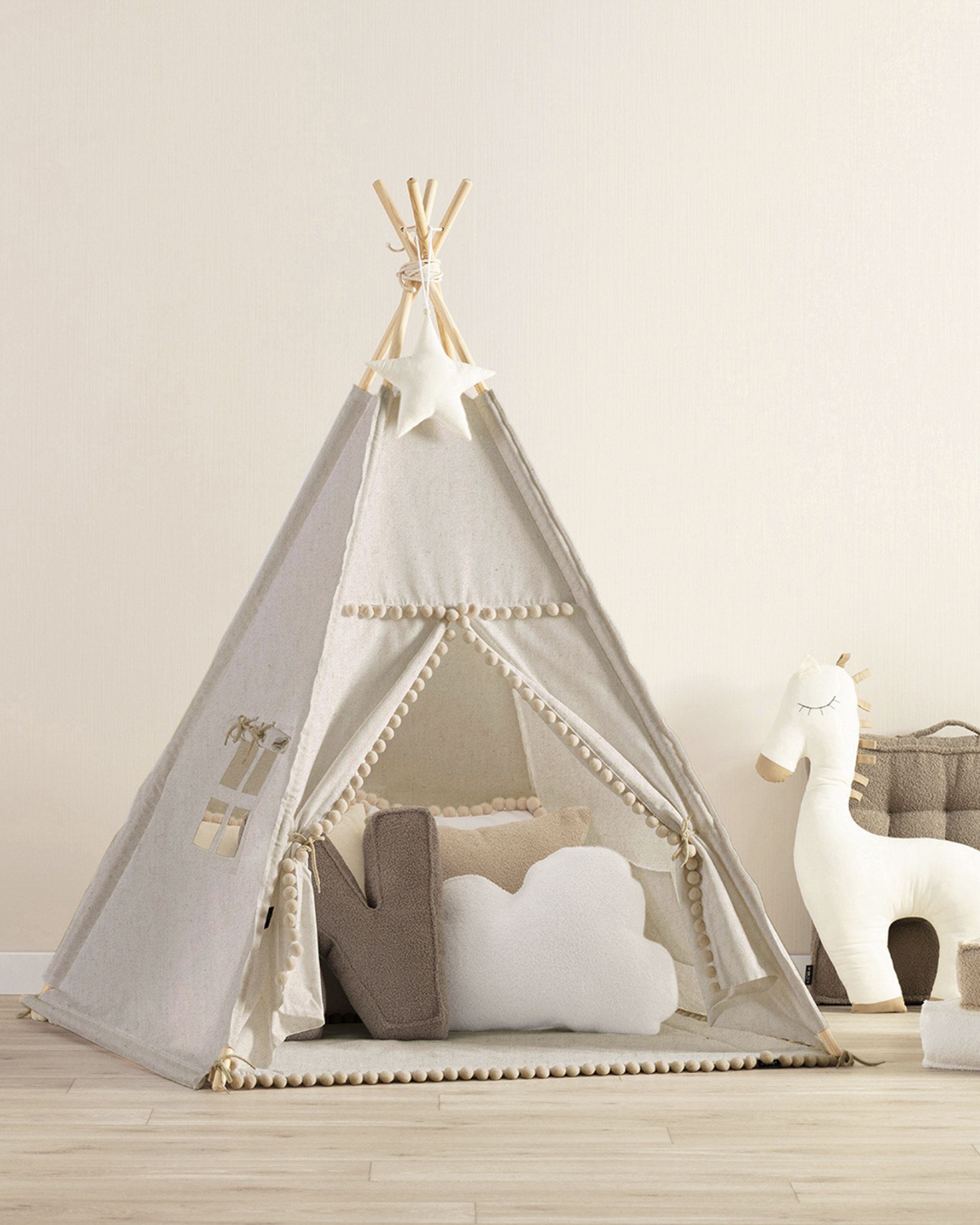 Tipi-Zelt mit Pompons Farbe beige